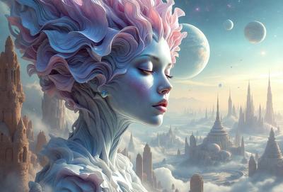 The primary subject of the image is a woman with a flowery headpiece, who appears to be a digital art or illustration. She is situated in a futuristic setting, with a backdrop of a cityscape and a sky filled with planets. The visual style of the image is digital art or illustration, and the colors and mood are predominantly pink and purple, giving the scene a dreamy and surreal atmosphere.